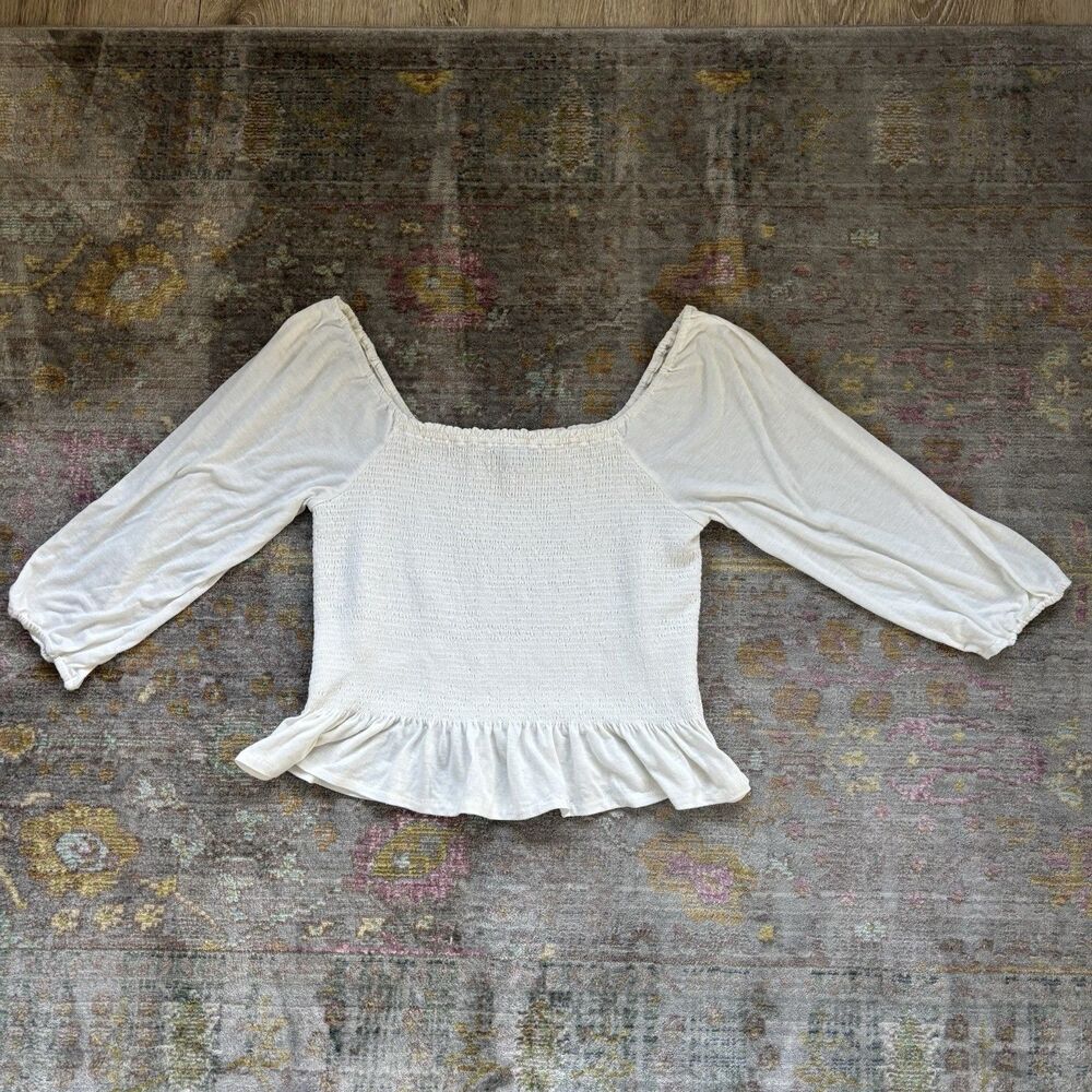 Jessica Simpson Sherrie Smocked Peplum Top White Puff Sleeve Blouse Size L - Picture 2 of 9